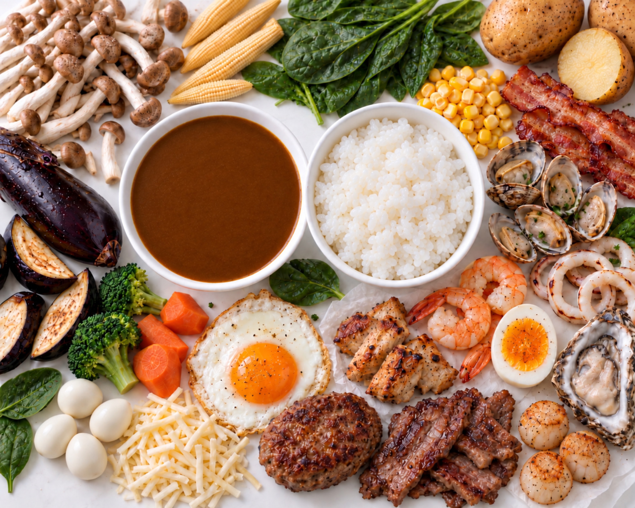 カレーライスのお店のカレー。白い器に盛ったカレールウとごはん、まわりに野菜・肉・魚介・卵などの具材